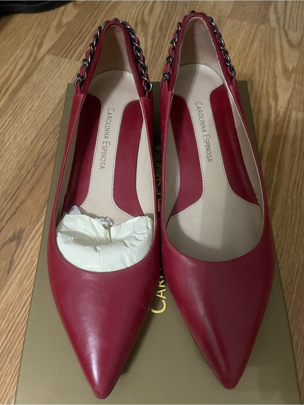 Carolina Espinosa Red Pointed-Toe Chain-Trim Pumps